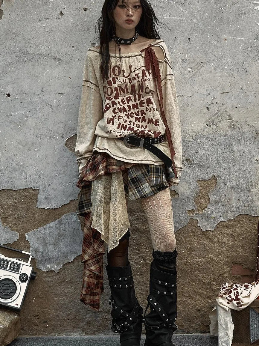 Vintage Punk Plaid Asymmetrical Skirt Women Street Style
