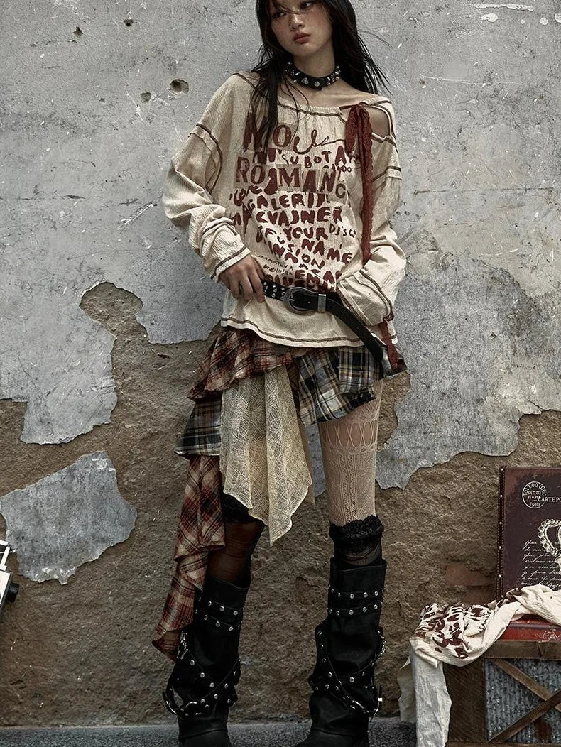 Vintage Punk Plaid Asymmetrical Skirt Women Street Style