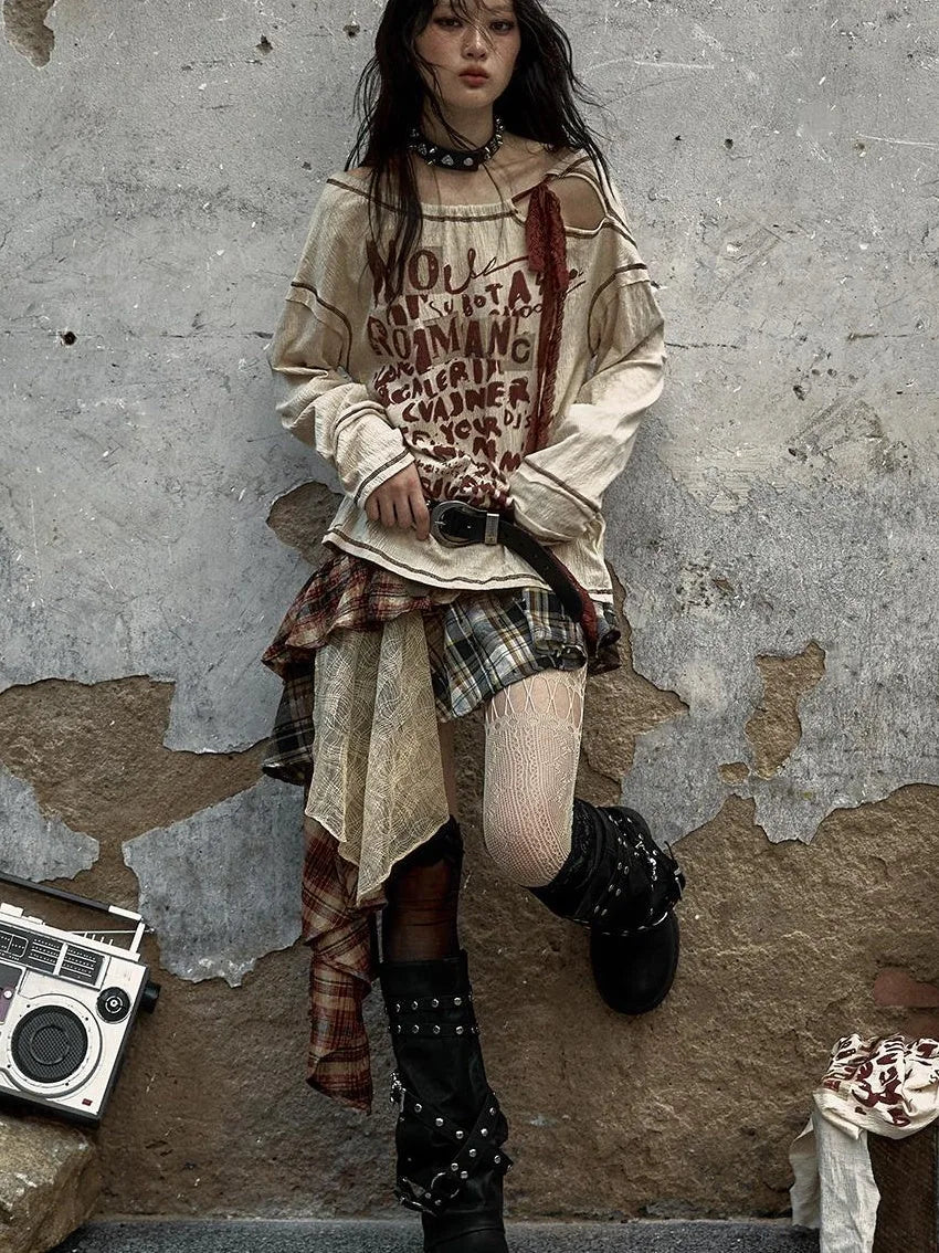 Vintage Punk Plaid Asymmetrical Skirt Women Street Style