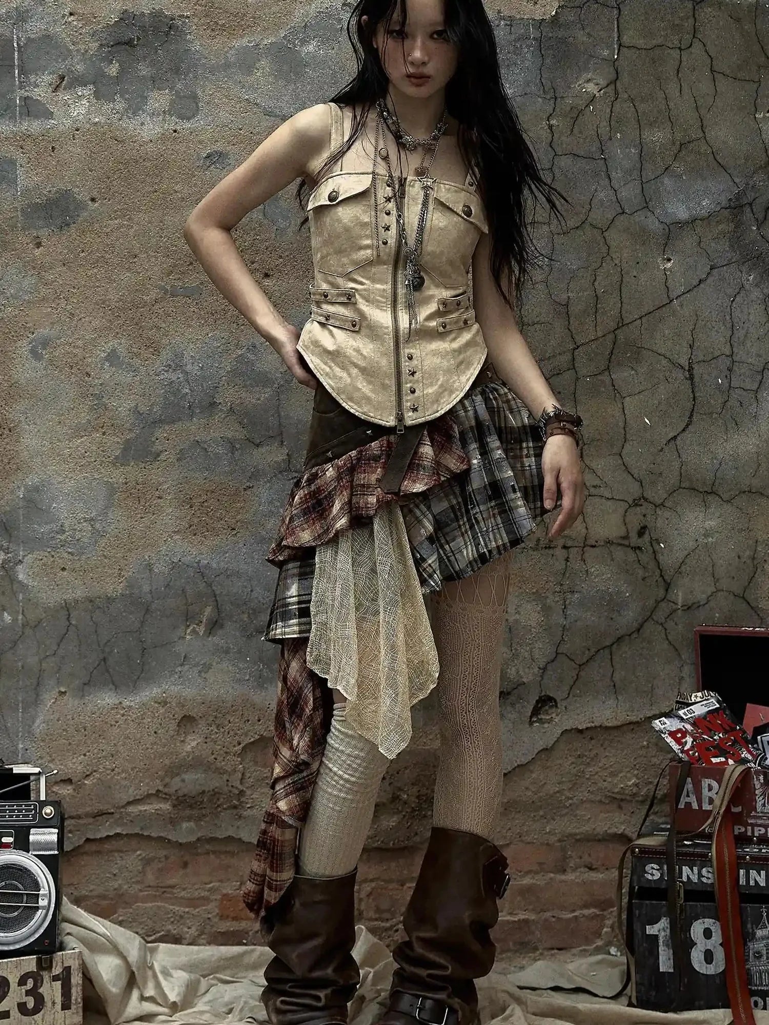 Vintage Punk Plaid Asymmetrical Skirt Women Street Style