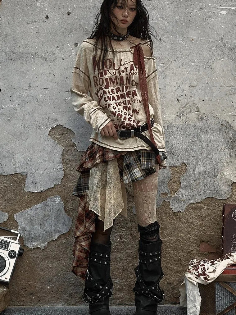 Vintage Punk Plaid Asymmetrical Skirt Women Street Style