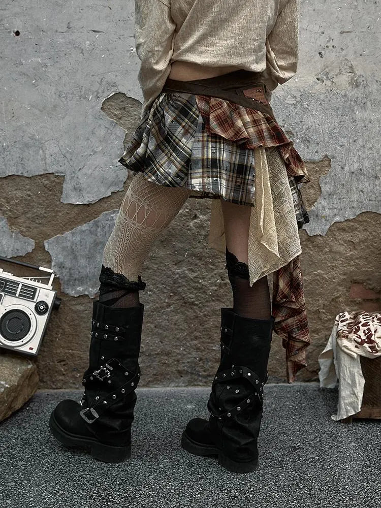 Vintage Punk Plaid Asymmetrical Skirt Women Street Style