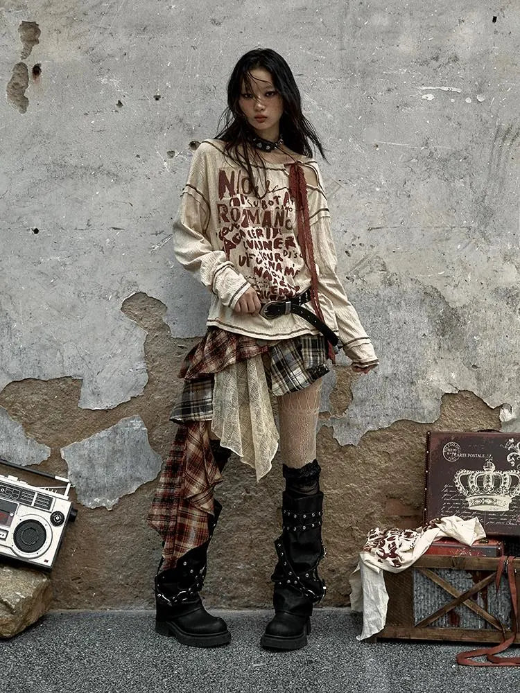 Vintage Punk Plaid Asymmetrical Skirt Women Street Style