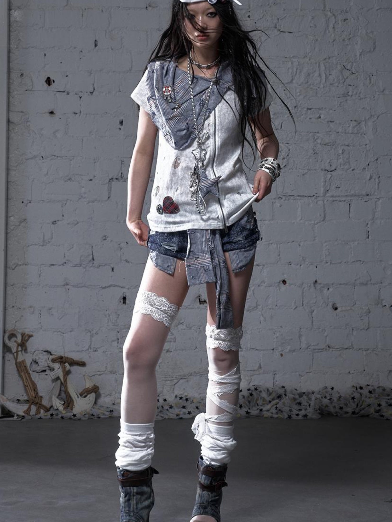 NO ROMANCE Vintage Punk Plaid Patchwork Neckline Distressed T-Shirt