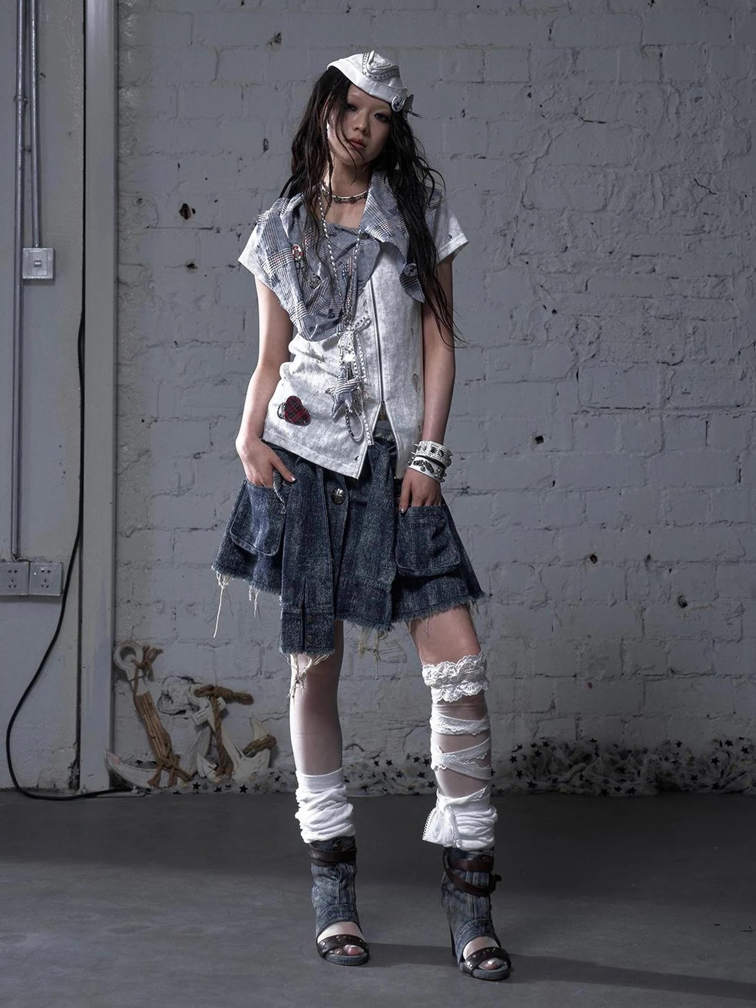 Vintage Punk Plaid Patchwork Neckline Distressed T-Shirt