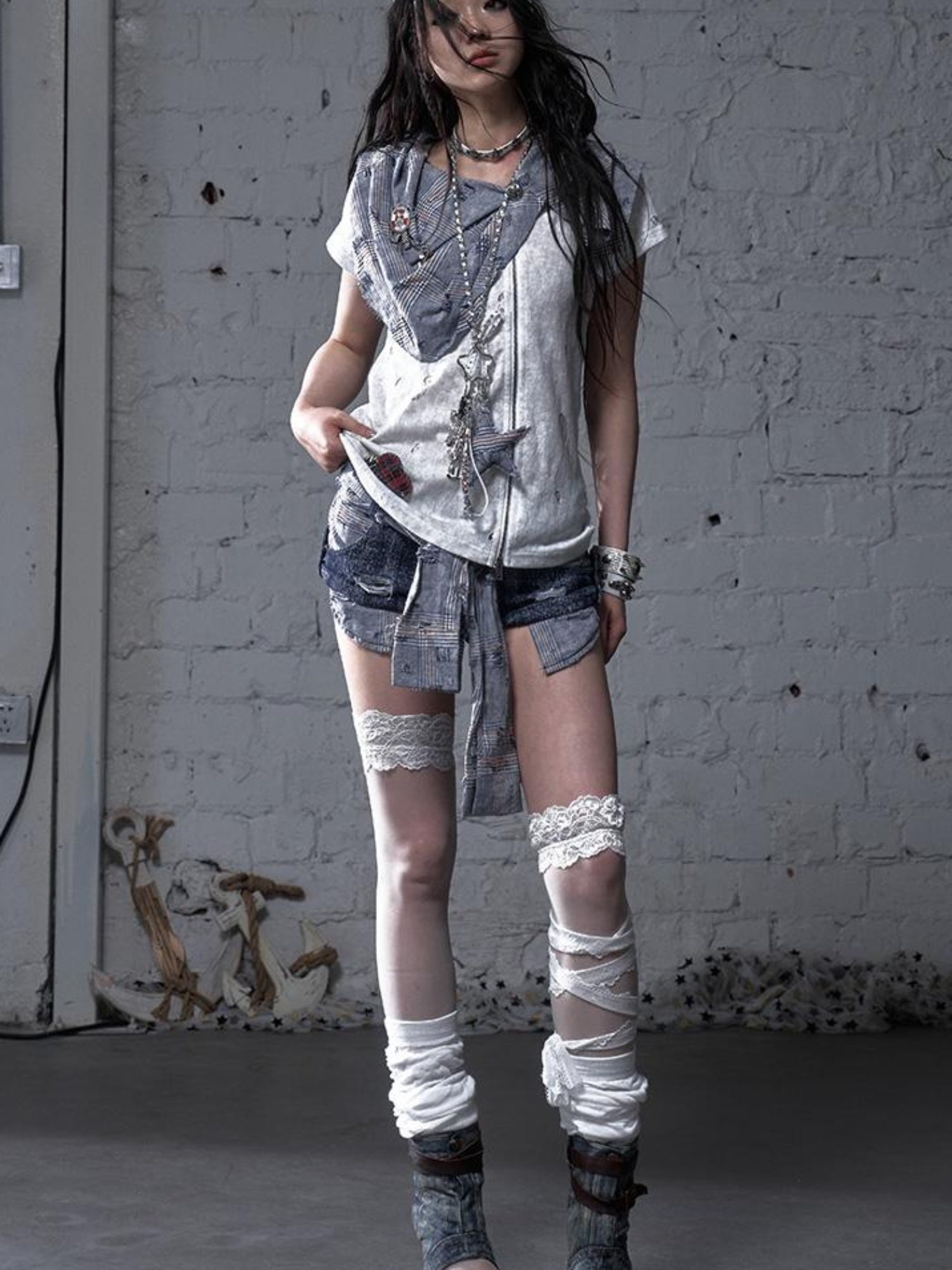 NO ROMANCE Vintage Punk Plaid Patchwork Neckline Distressed T-Shirt