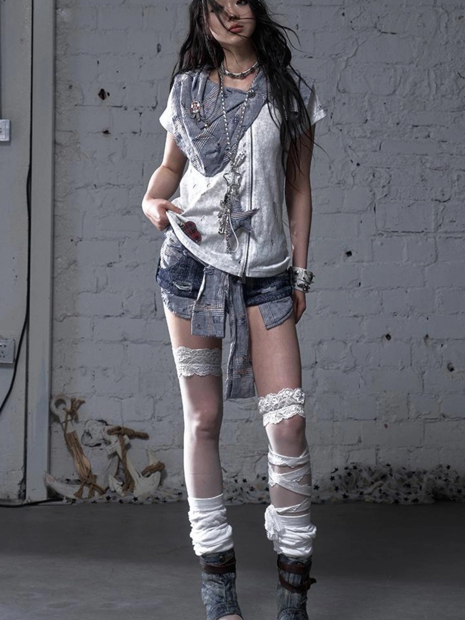 Vintage Punk Plaid Patchwork Neckline Distressed T-Shirt