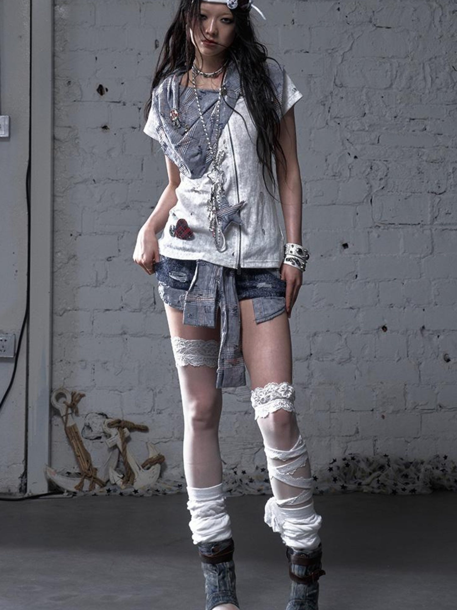 NO ROMANCE Vintage Punk Plaid Patchwork Neckline Distressed T-Shirt