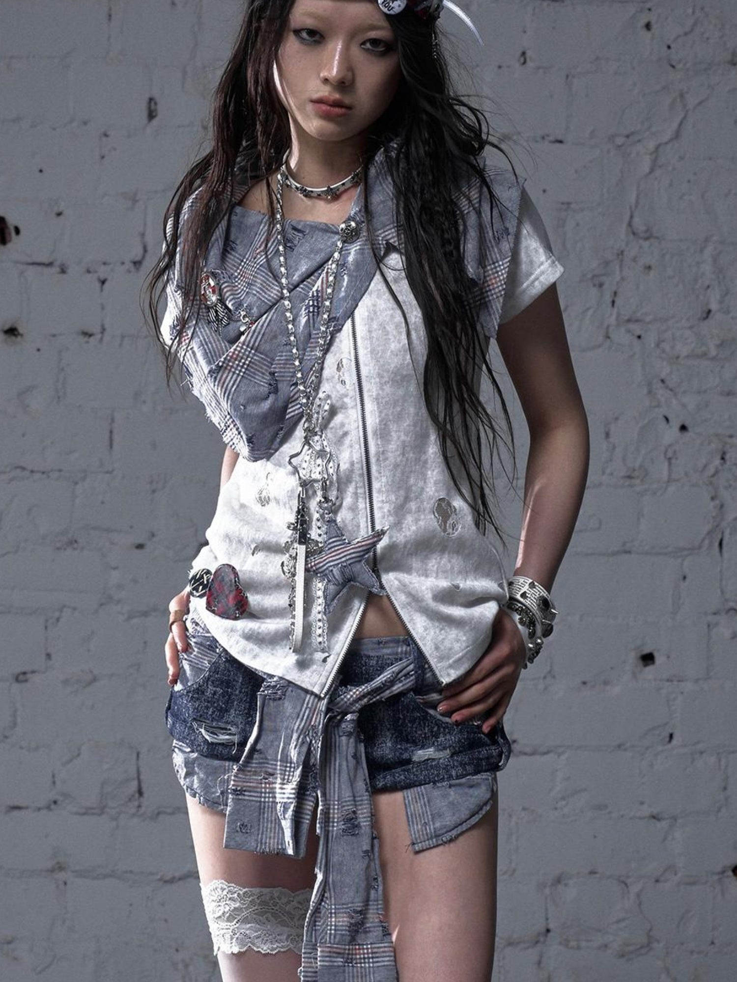 NO ROMANCE Vintage Punk Plaid Patchwork Neckline Distressed T-Shirt