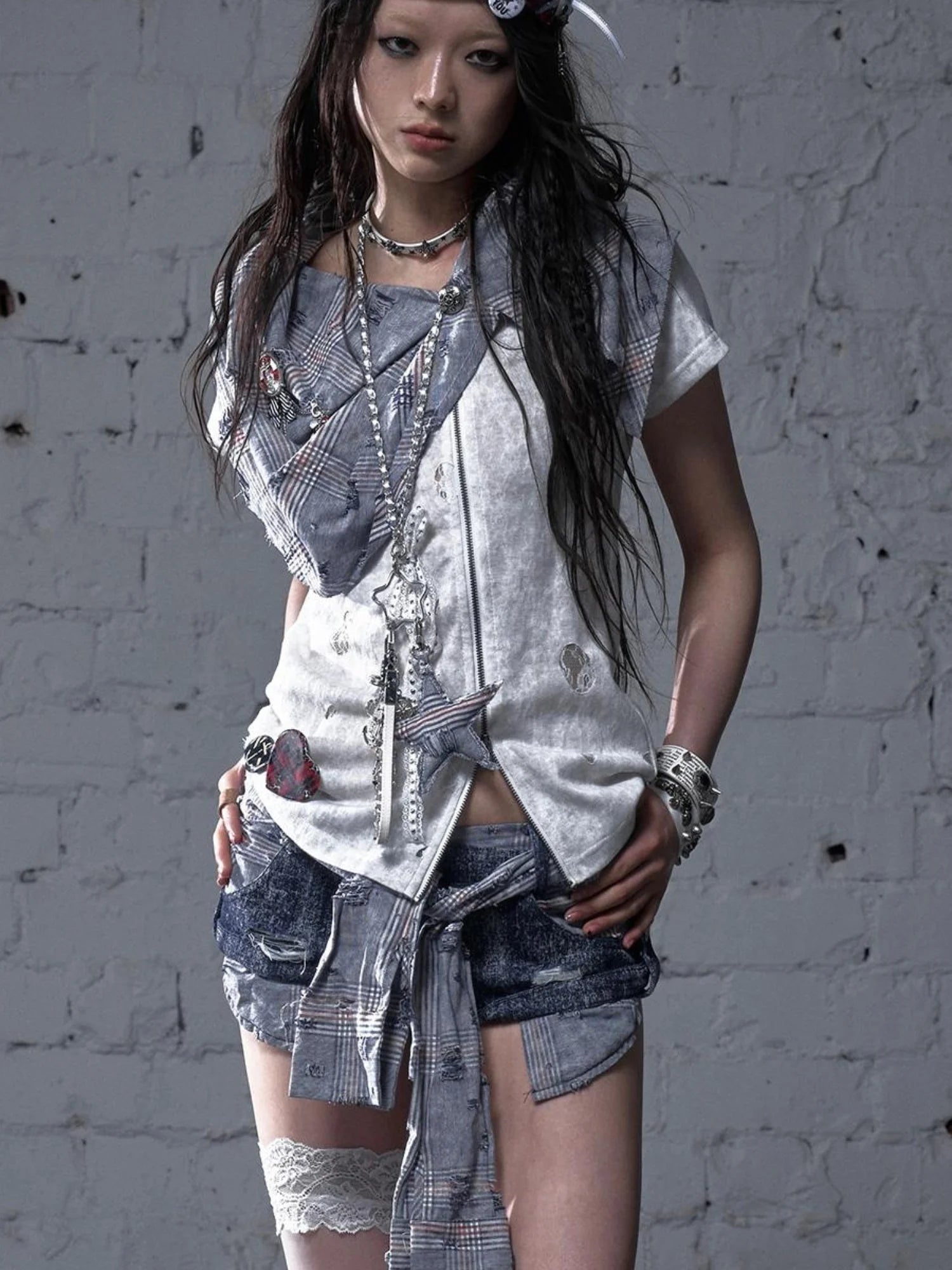 Vintage Punk Plaid Patchwork Neckline Distressed T-Shirt