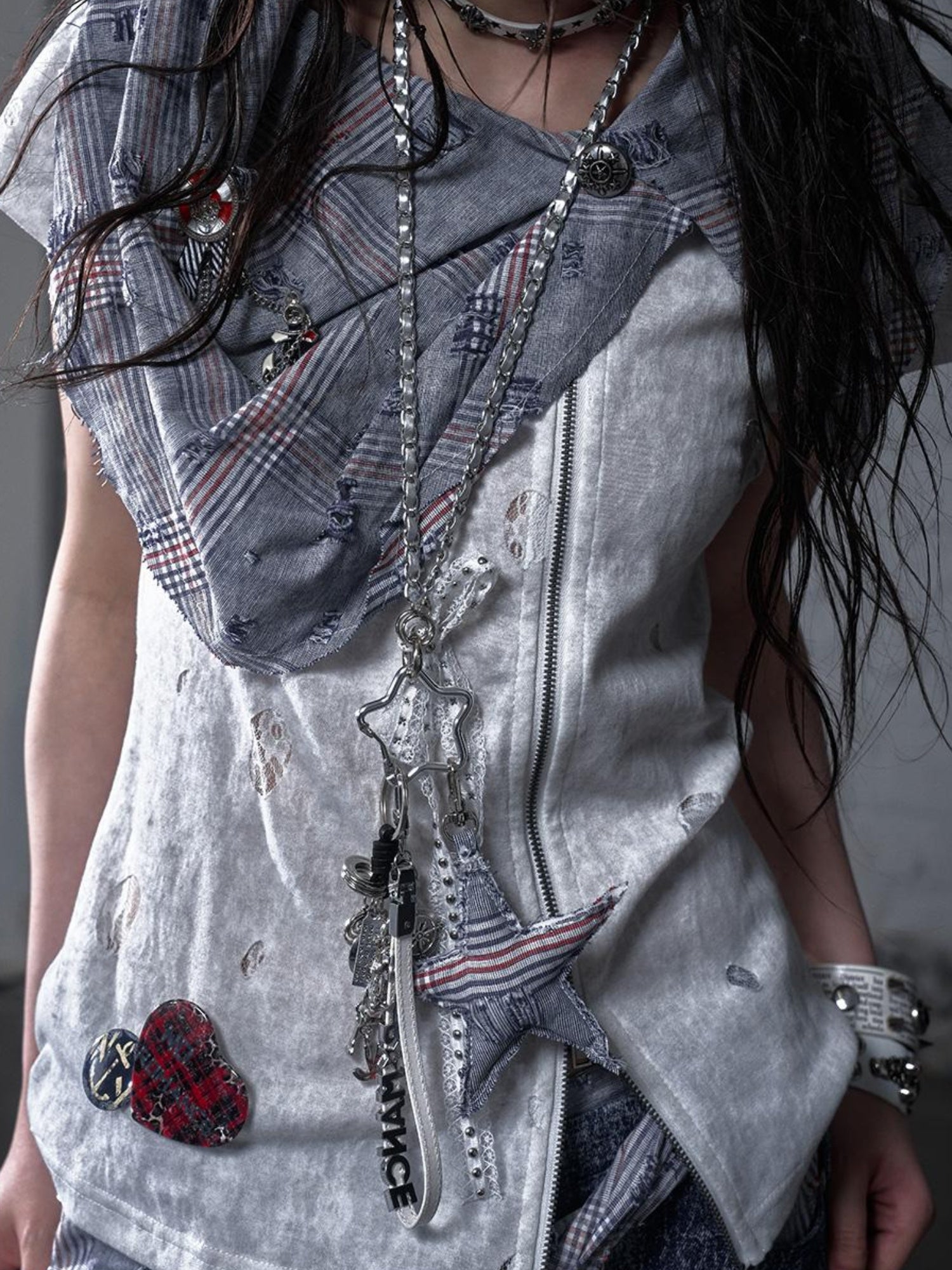 NO ROMANCE Vintage Punk Plaid Patchwork Neckline Distressed T-Shirt