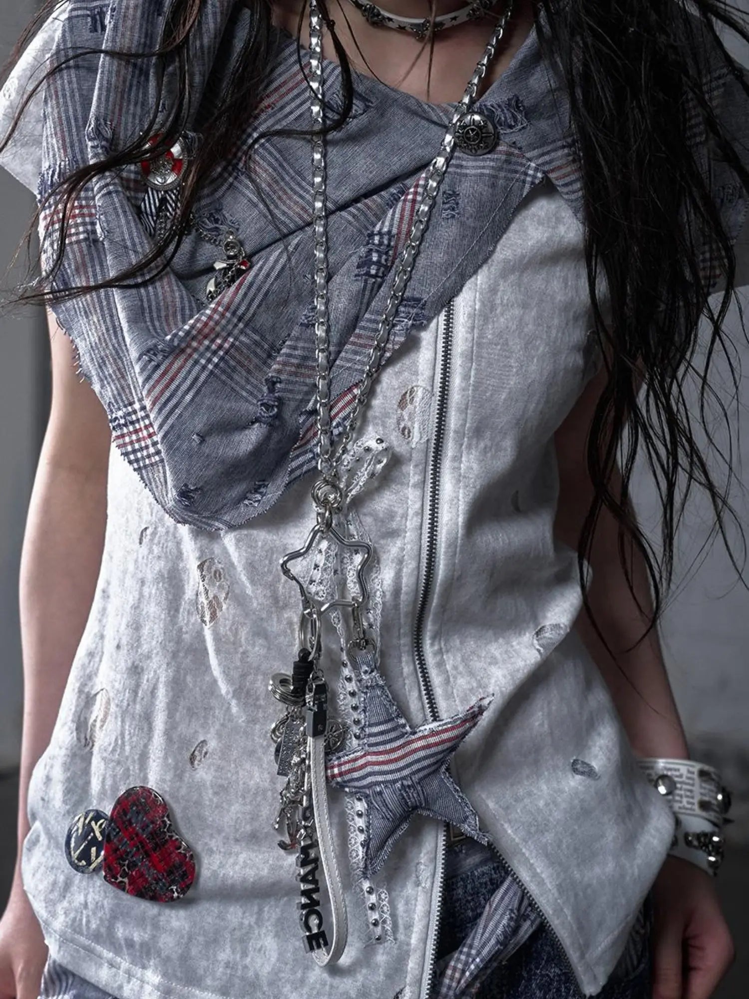 Vintage Punk Plaid Patchwork Neckline Distressed T-Shirt