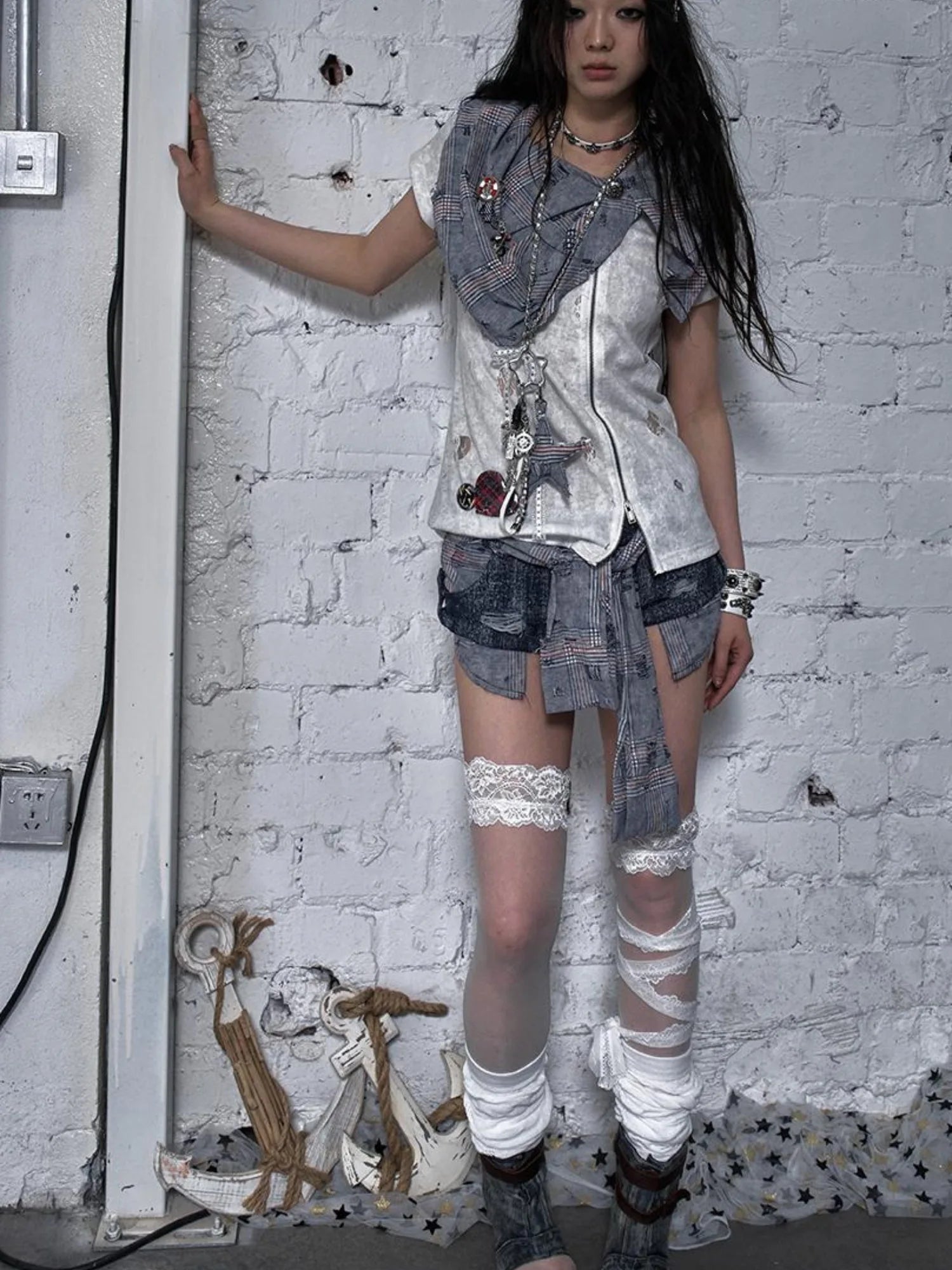 Vintage Punk Plaid Patchwork Neckline Distressed T-Shirt