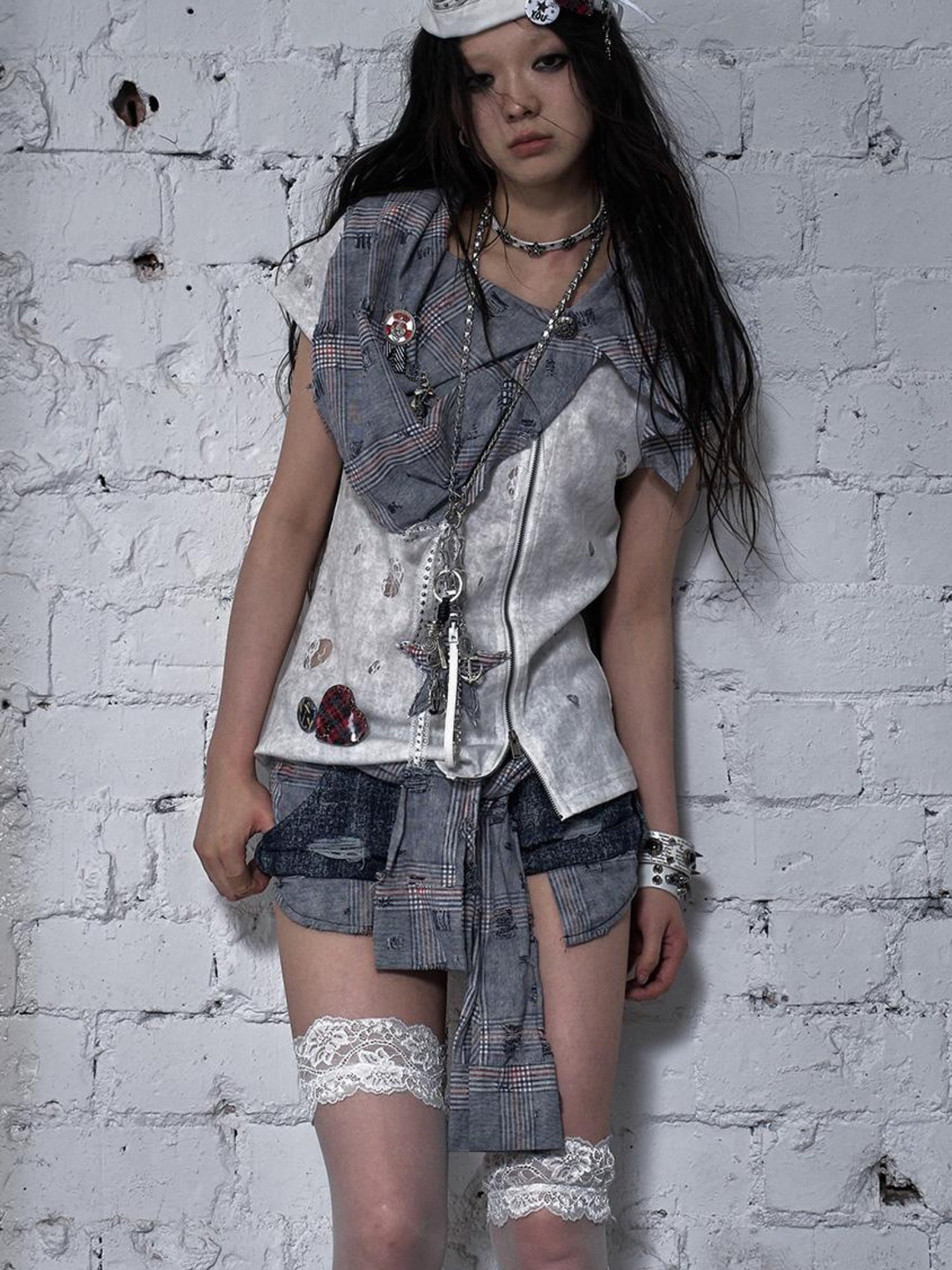 NO ROMANCE Vintage Punk Plaid Patchwork Neckline Distressed T-Shirt