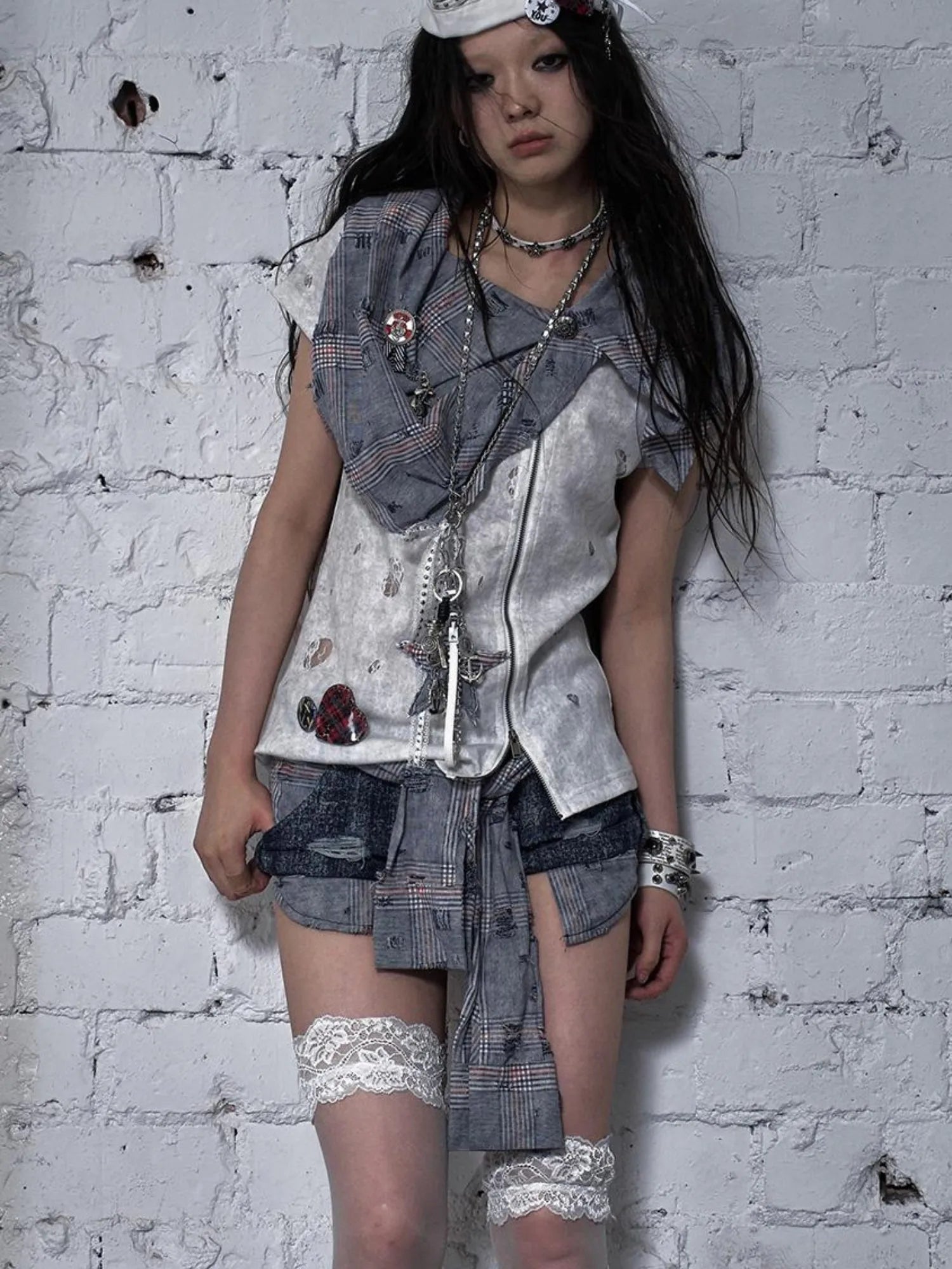 Vintage Punk Plaid Patchwork Neckline Distressed T-Shirt