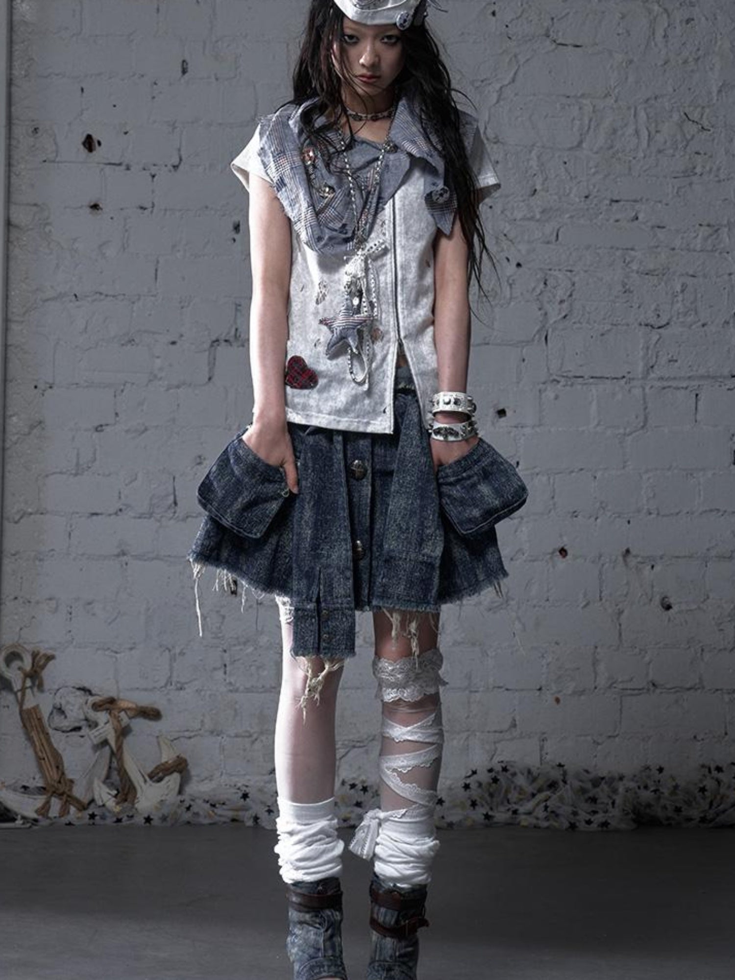 NO ROMANCE Vintage Punk Plaid Patchwork Neckline Distressed T-Shirt