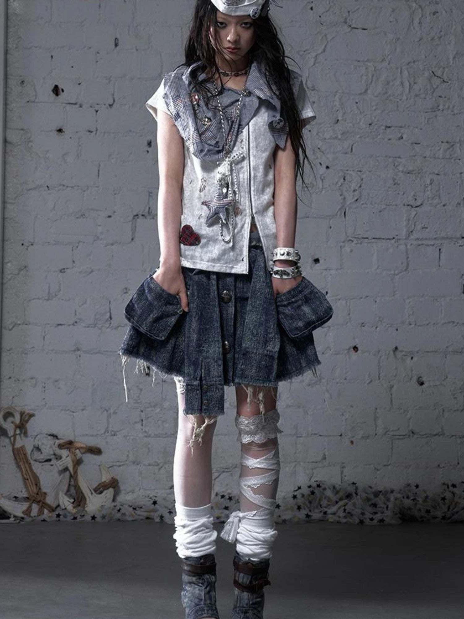 Vintage Punk Plaid Patchwork Neckline Distressed T-Shirt