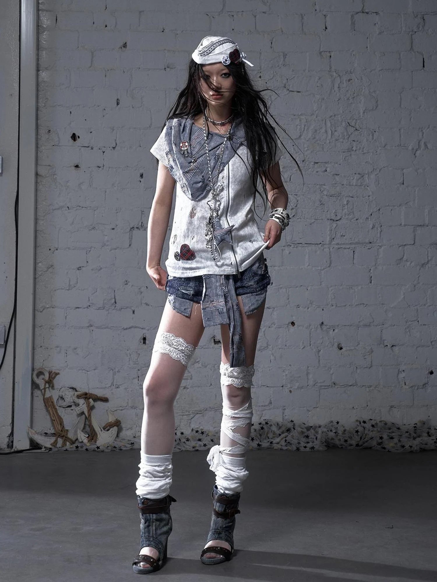 Vintage Punk Plaid Patchwork Neckline Distressed T-Shirt