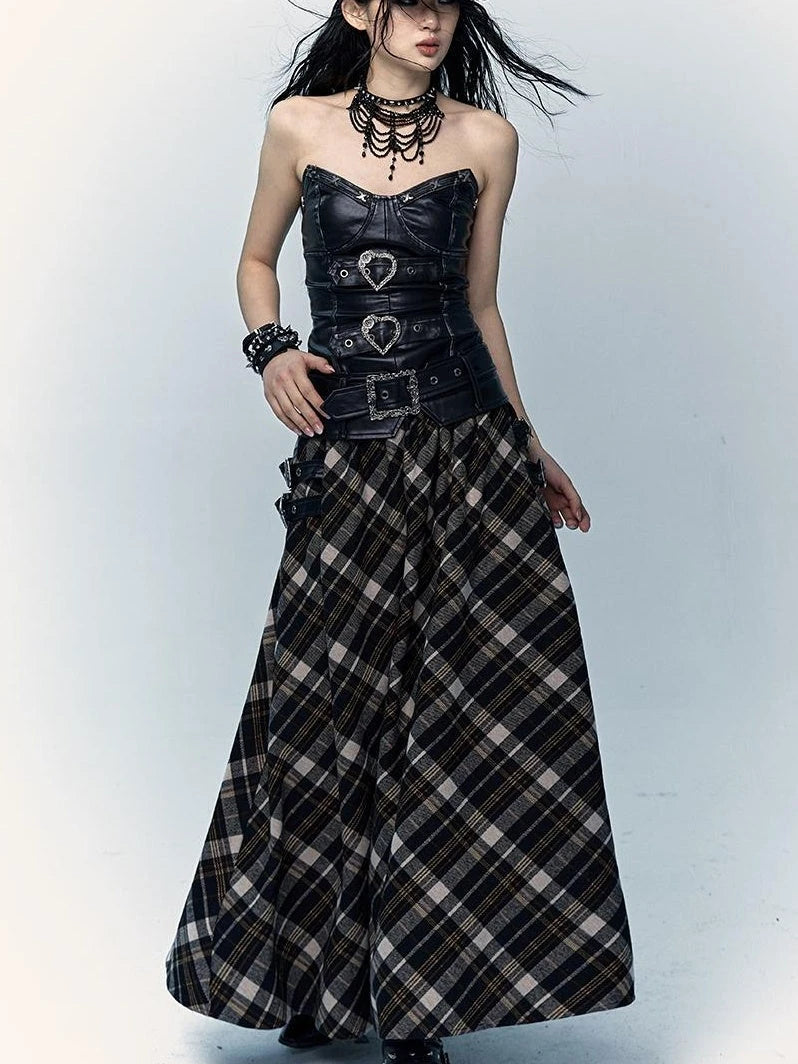 Vintage Punk Rock A-Line Patchwork Plaid Midi Skirt Dresses