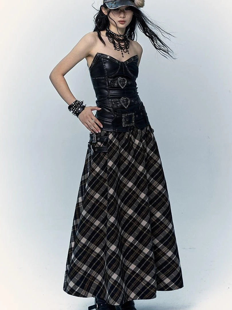 Vintage Punk Rock A-Line Patchwork Plaid Midi Skirt Dresses