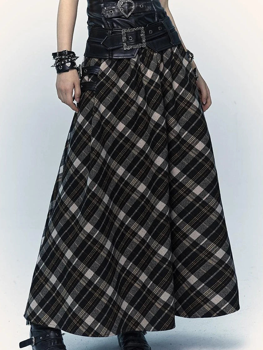 Vintage Punk Rock A-Line Patchwork Plaid Midi Skirt Dresses