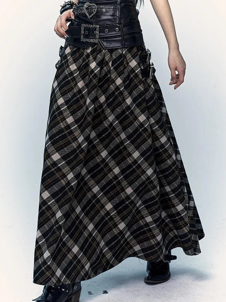 Vintage Punk Rock A-Line Patchwork Plaid Midi Skirt Dresses