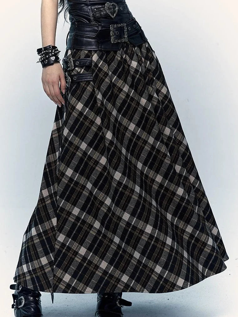 Vintage Punk Rock A-Line Patchwork Plaid Midi Skirt Dresses