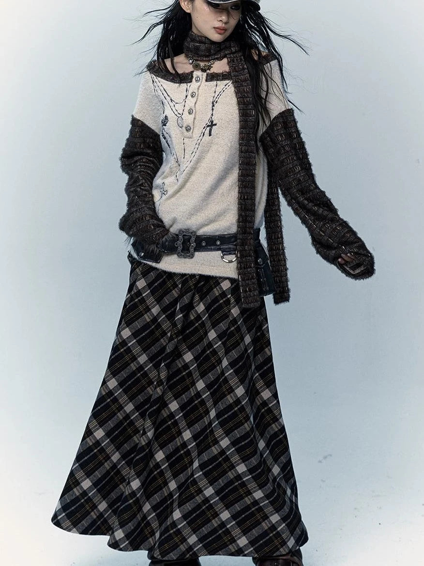 Vintage Punk Rock A-Line Patchwork Plaid Midi Skirt Dresses