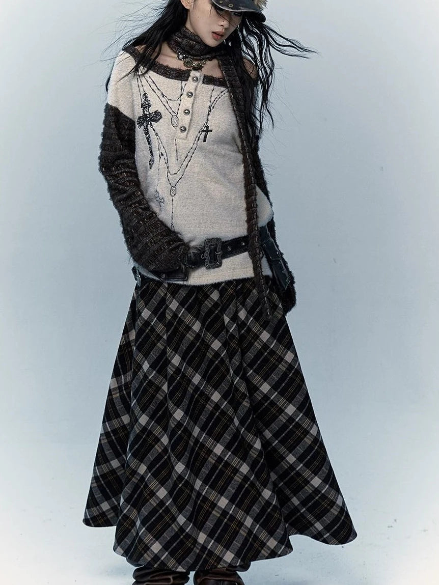 Vintage Punk Rock A-Line Patchwork Plaid Midi Skirt Dresses