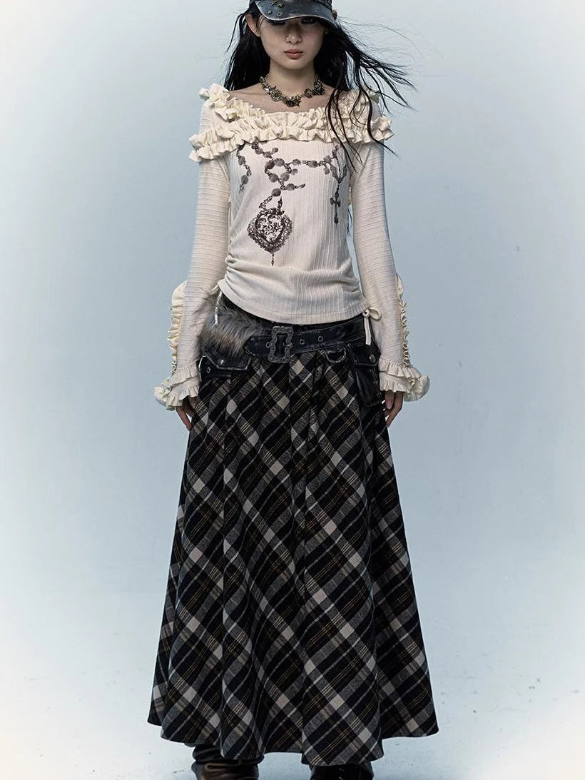 Vintage Punk Rock A-Line Patchwork Plaid Midi Skirt Dresses