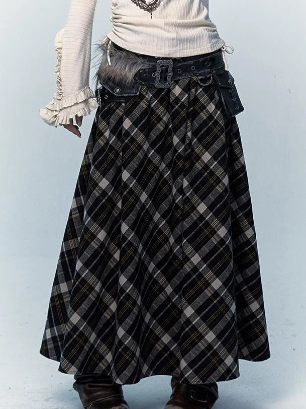 Vintage Punk Rock A-Line Patchwork Plaid Midi Skirt Dresses