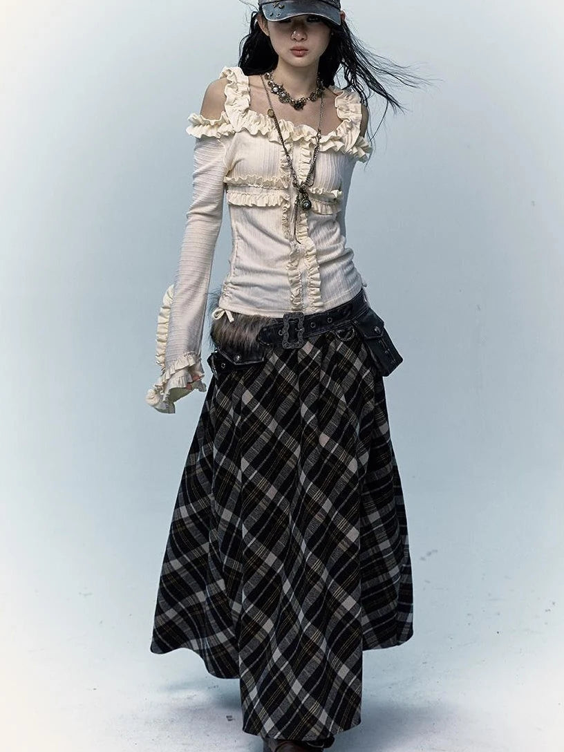 Vintage Punk Rock A-Line Patchwork Plaid Midi Skirt Dresses