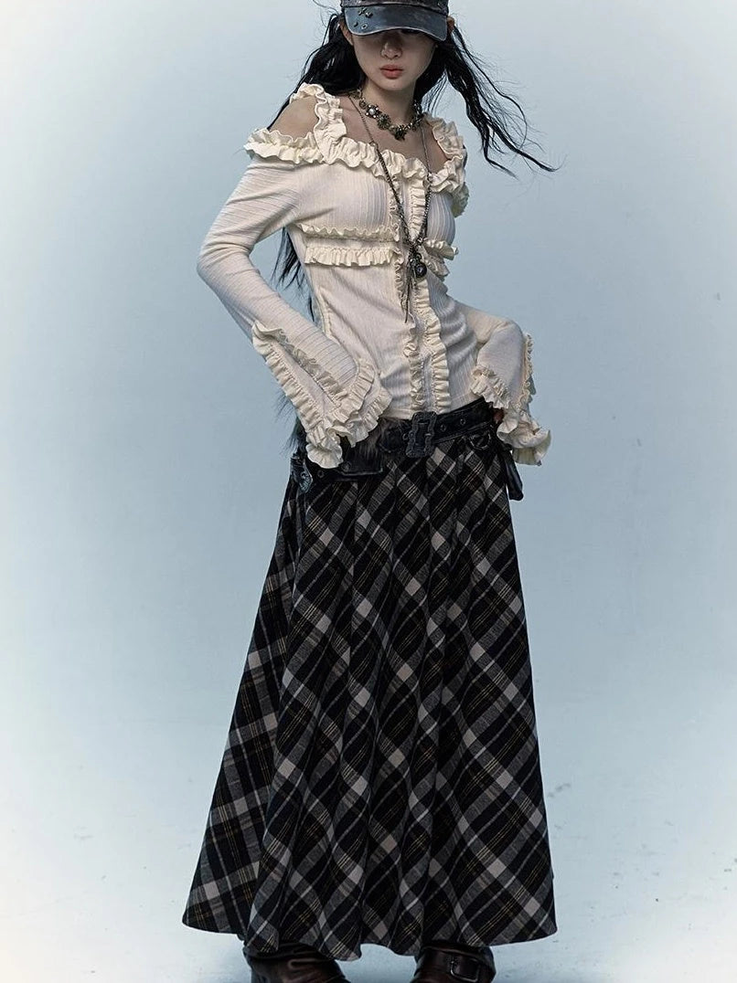 Vintage Punk Rock A-Line Patchwork Plaid Midi Skirt Dresses