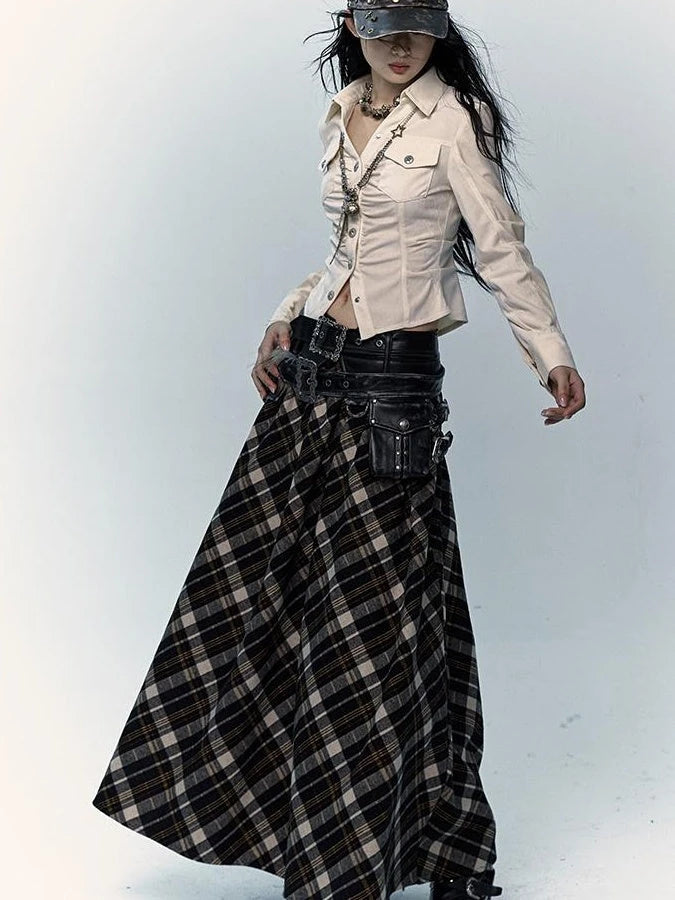 Vintage Punk Rock A-Line Patchwork Plaid Midi Skirt Dresses