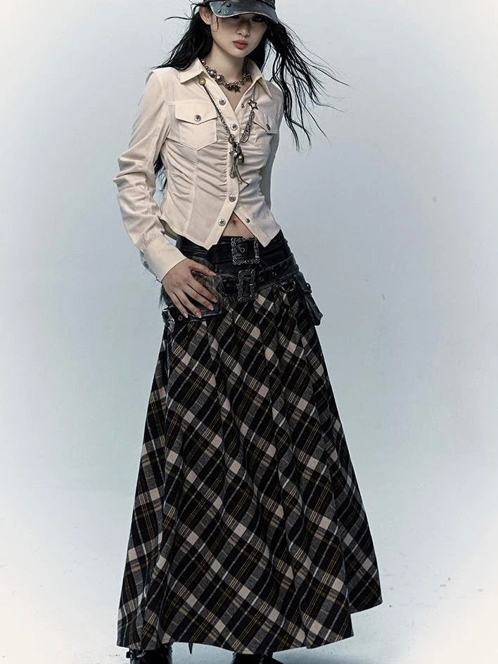 Vintage Punk Rock A-Line Patchwork Plaid Midi Skirt Dresses