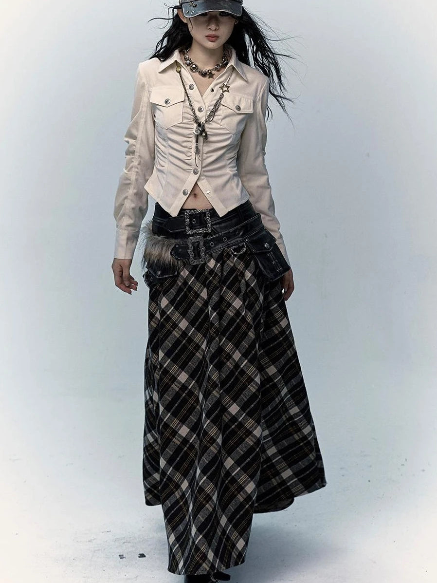 Vintage Punk Rock A-Line Patchwork Plaid Midi Skirt Dresses