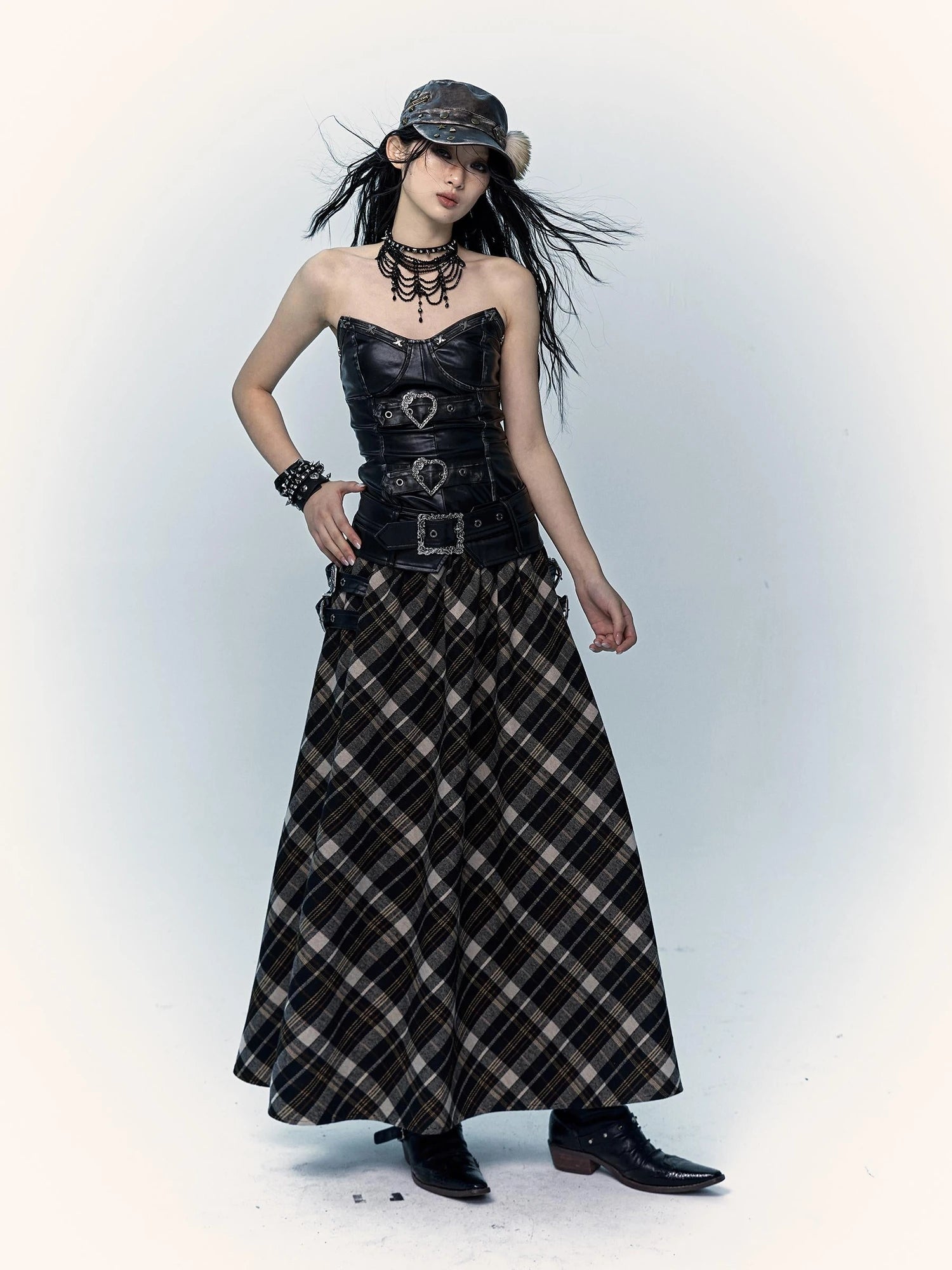 Vintage Punk Rock A-Line Patchwork Plaid Midi Skirt Dresses