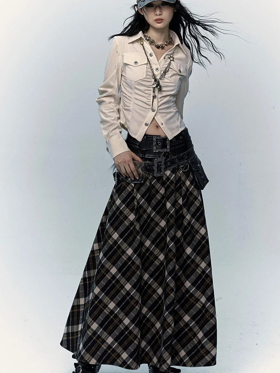 Vintage Punk Rock A-Line Patchwork Plaid Midi Skirt Dresses