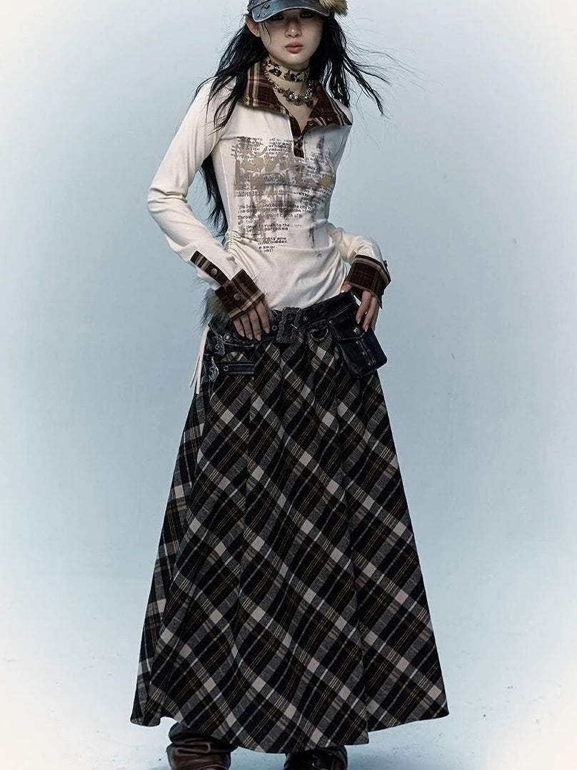 Vintage Punk Rock A-Line Patchwork Plaid Midi Skirt Dresses