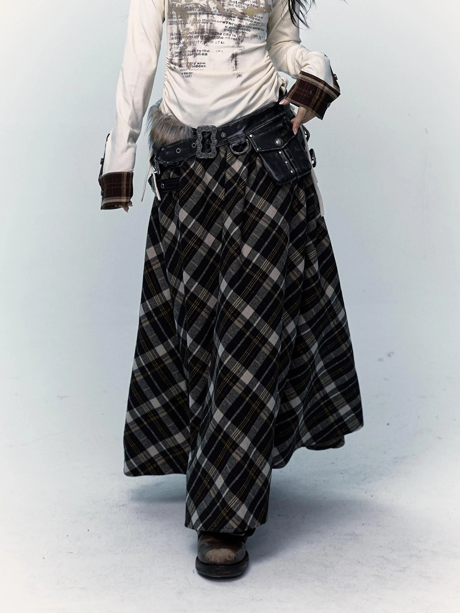 Vintage Punk Rock A-Line Patchwork Plaid Midi Skirt Dresses