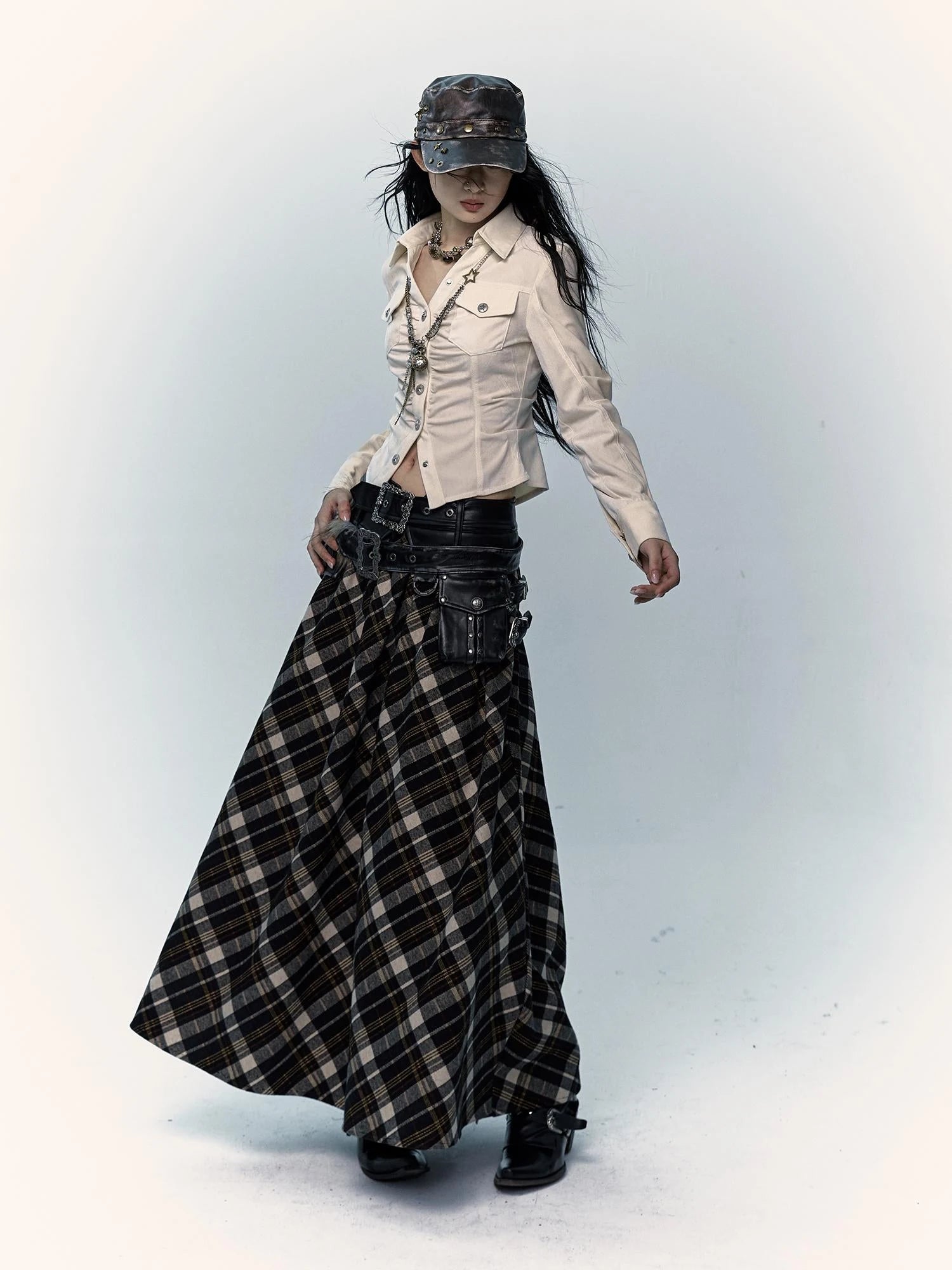 Vintage Punk Rock A-Line Patchwork Plaid Midi Skirt Dresses