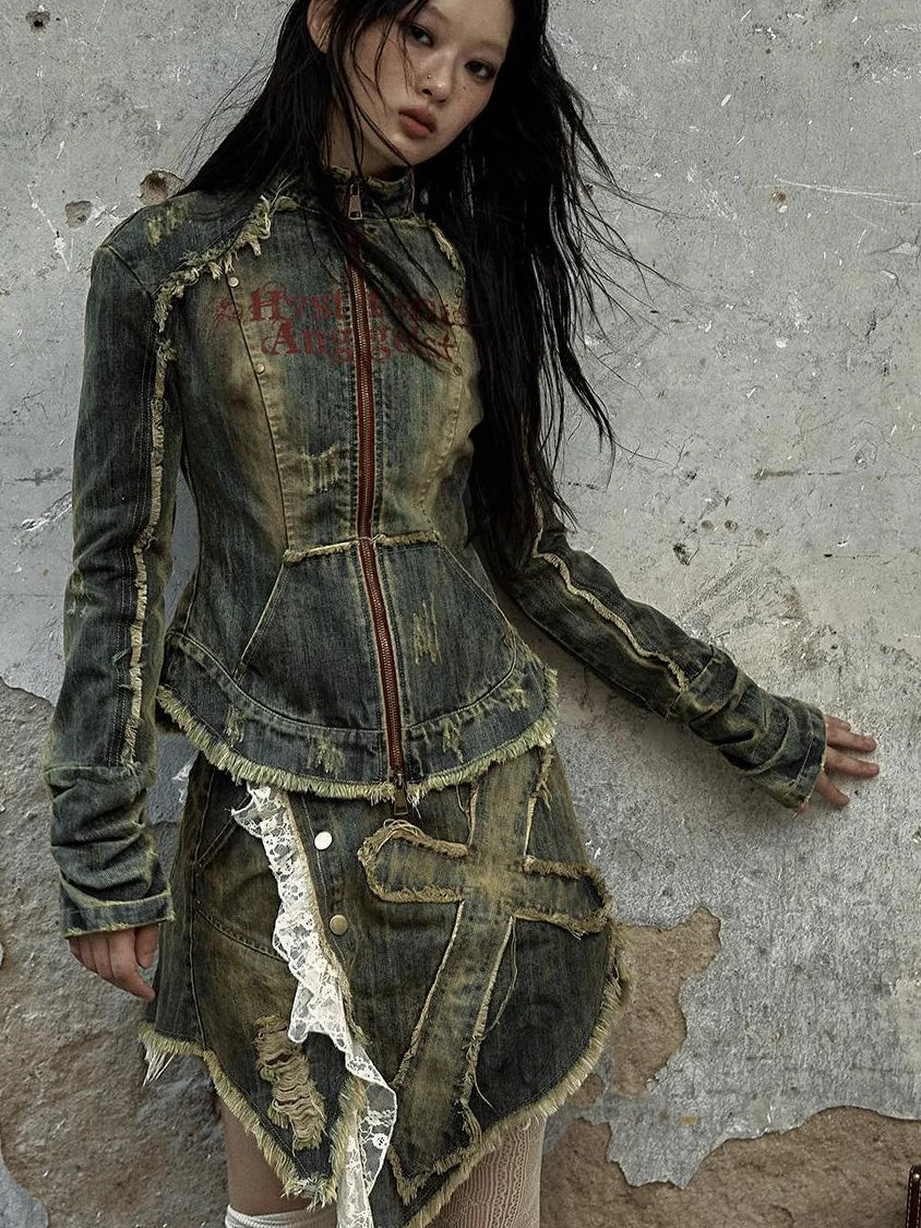 Vintage Punk Rock Distressed Washed Denim Jacket Women Coat