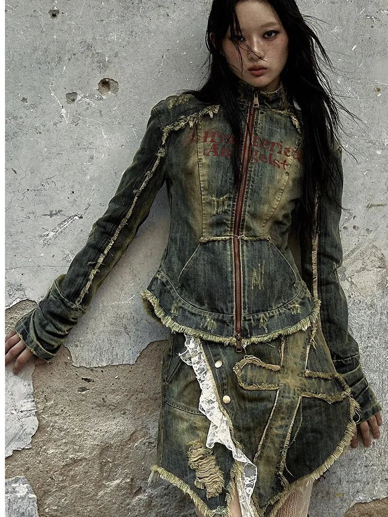 Vintage Punk Rock Distressed Washed Denim Jacket Women Coat