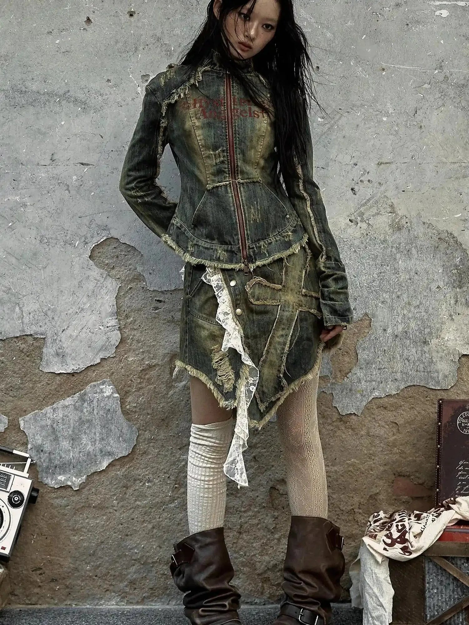 Vintage Punk Rock Distressed Washed Denim Jacket Women Coat