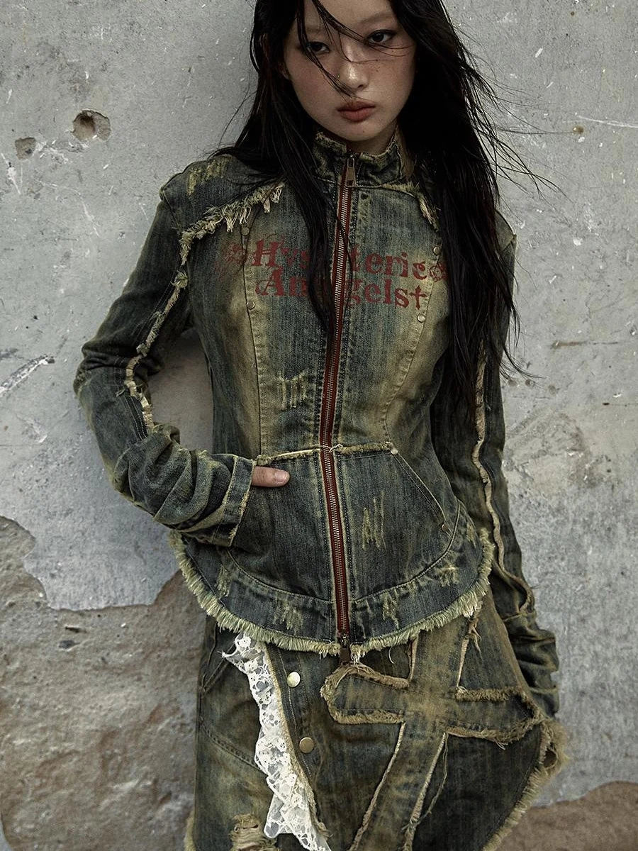 Vintage Punk Rock Distressed Washed Denim Jacket Women Coat