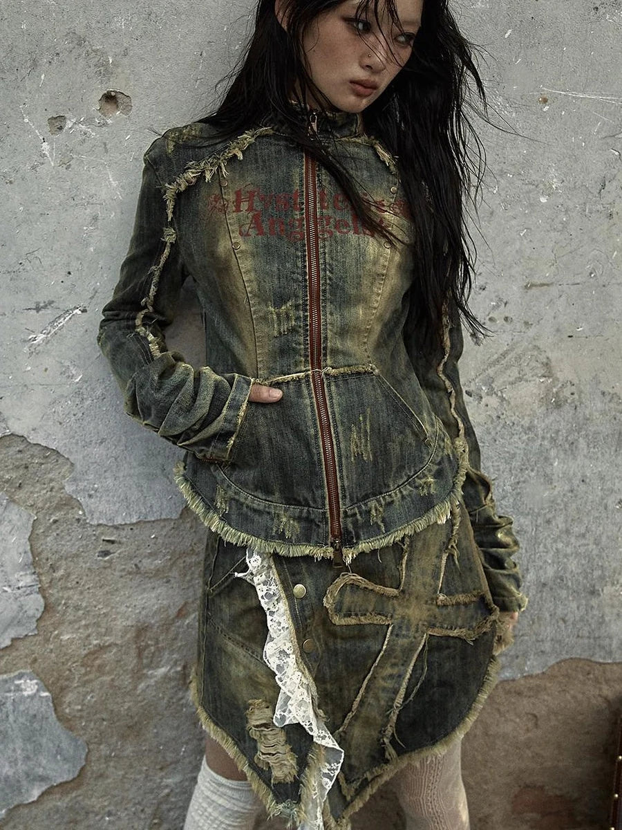 Vintage Punk Rock Distressed Washed Denim Jacket Women Coat