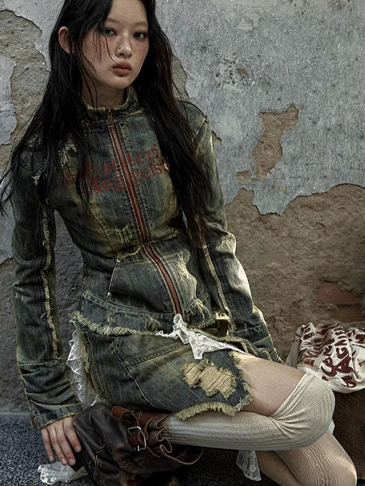 Vintage Punk Rock Distressed Washed Denim Jacket Women Coat