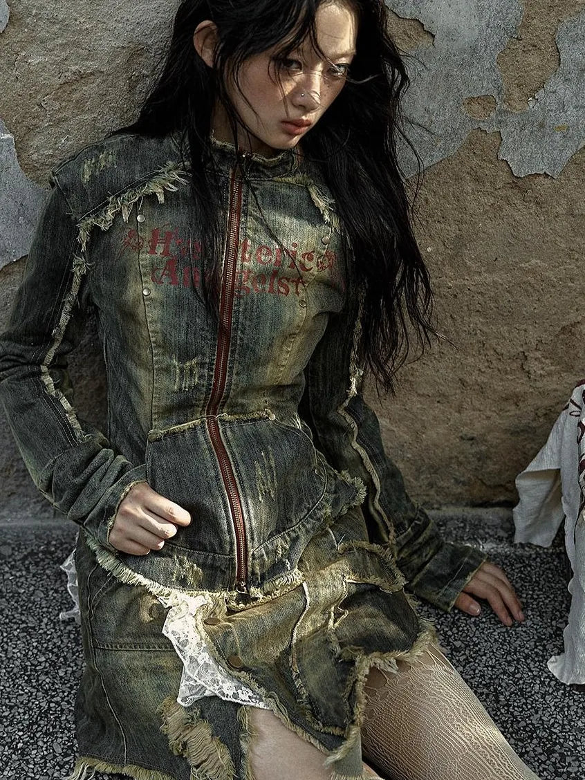 Vintage Punk Rock Distressed Washed Denim Jacket Women Coat