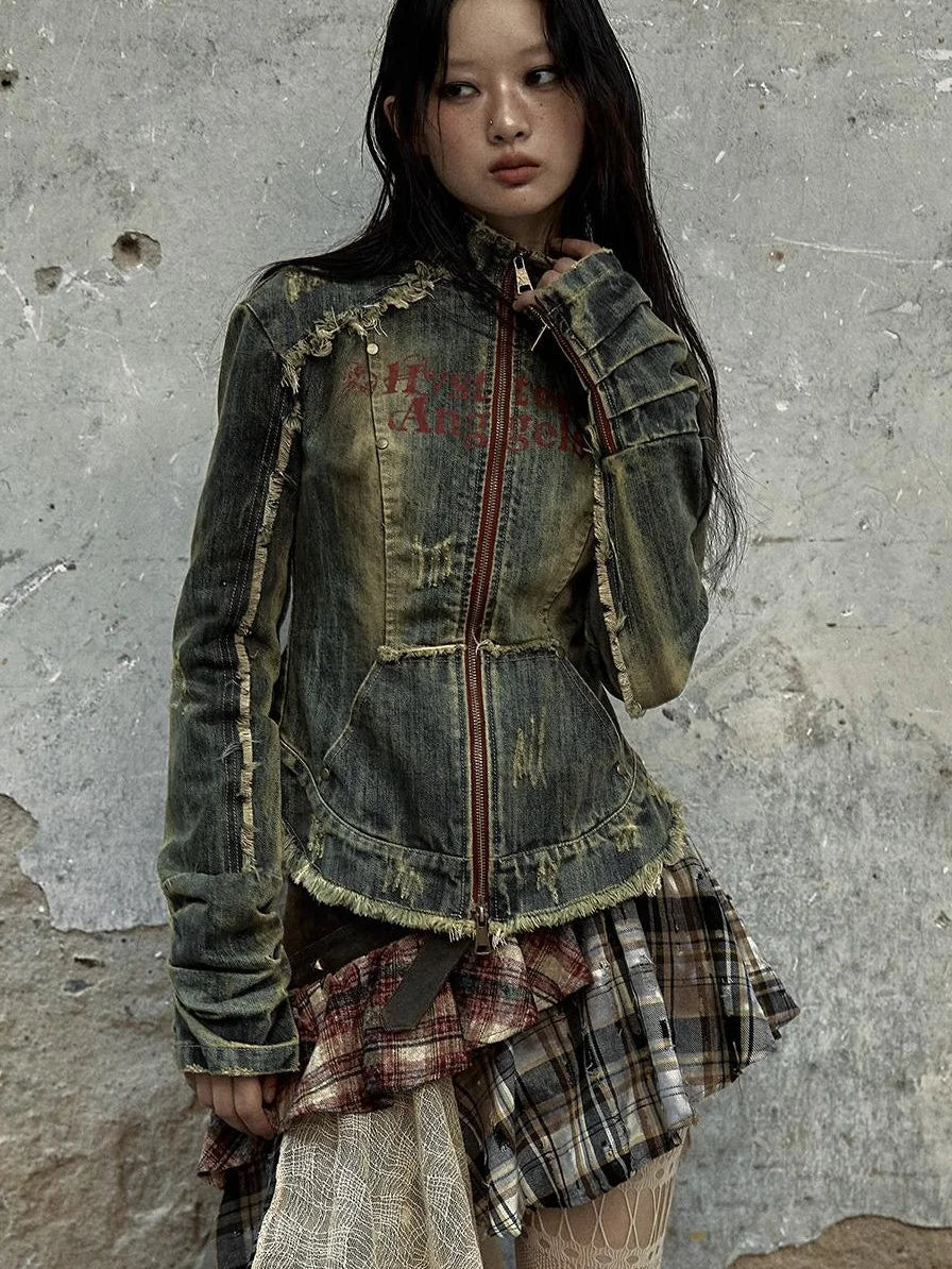 Vintage Punk Rock Distressed Washed Denim Jacket Women Coat