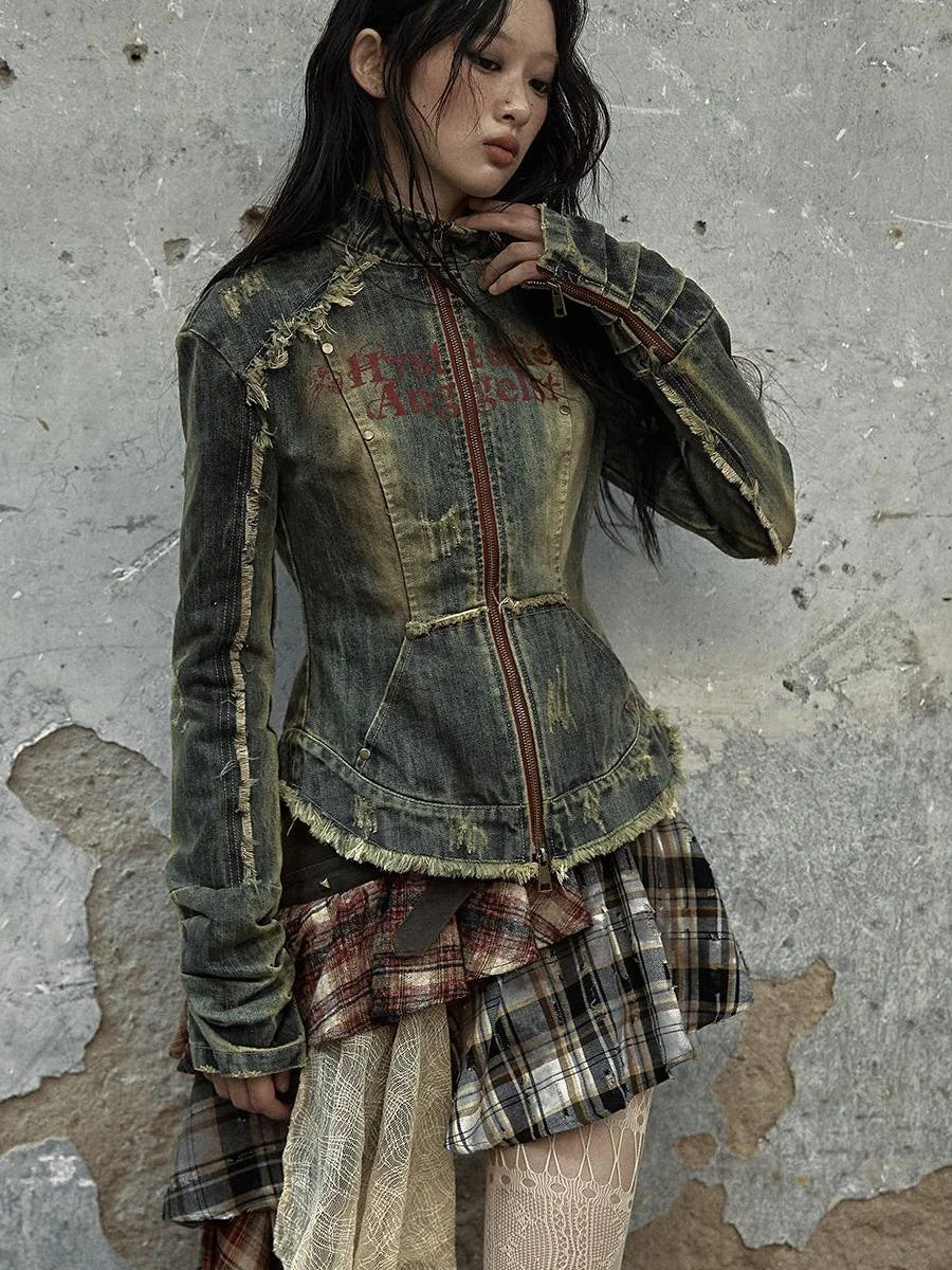 Vintage Punk Rock Distressed Washed Denim Jacket Women Coat